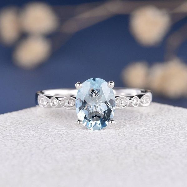 

cluster rings cxsjeremy natural aquamarine engagement ring solid 14k white gold oval cut 7*9mm and diamond anniversary gift for women, Golden;silver