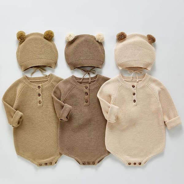 

rompers korean style toddler baby girl boys solid color knitting romper+hat infant jumpsuit spring autumn girls clothes, Blue