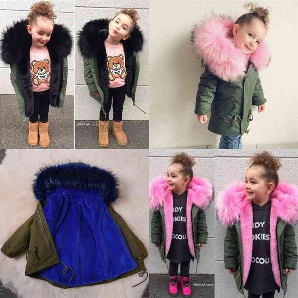 

kids girls winter warm parka jackets hooded big fur collar puffer coats pink blue rose thick fleece lined outwear outdoor coat boutique clo, Blue;gray