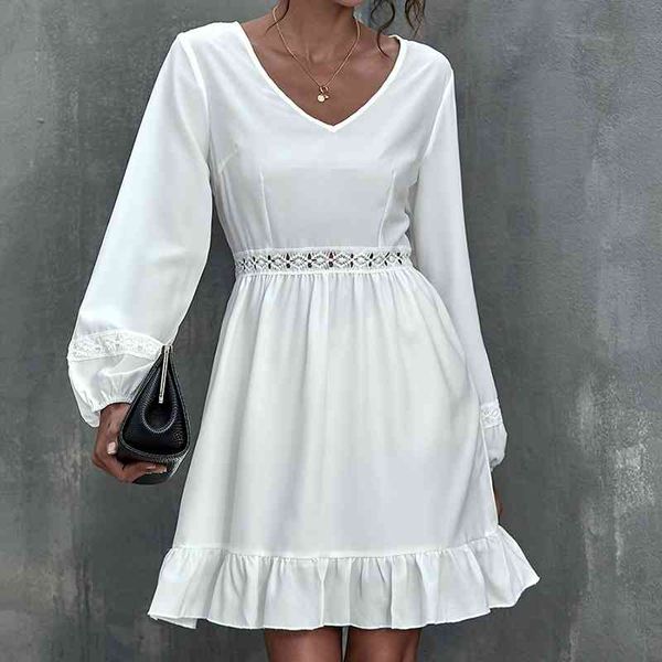 

casual dresses v neck long sleeve spring white dress for women lace patchwork hollow out high waist ruffles elegant clothes r34d, Black;gray