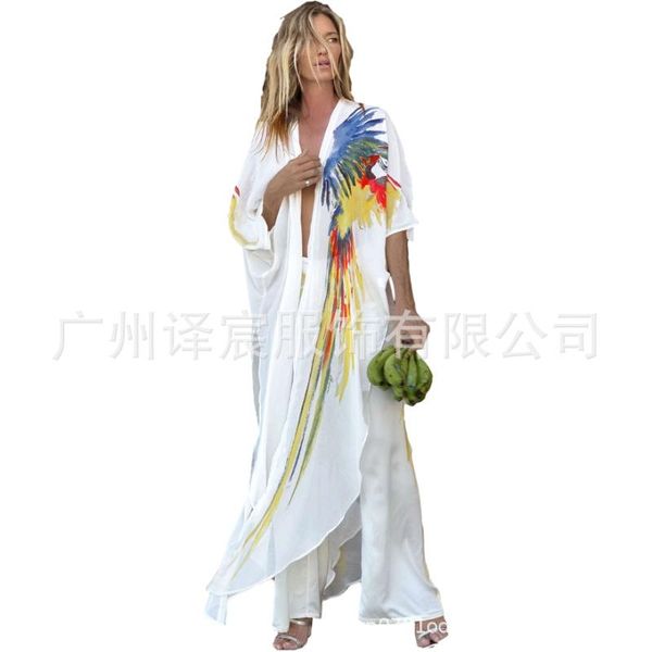 

women's swimwear women cover-ups beach blouse summer parrot print holiday chiffon swimsuit sun protection woman donsignet, White;black