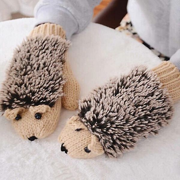 

winter girl gloves fashion cartoon hedgehog cotton warm gloves, White