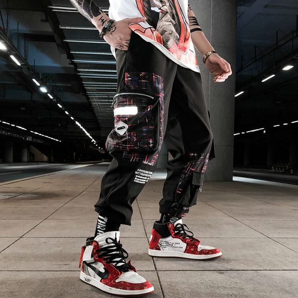 

streetwear men hip hop patchwork sweatpants joggers trousers casual drawstring sportwear pants male 2021 new men cargo pants c0222, Black