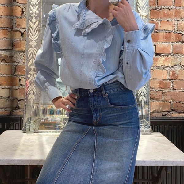 

2021 New Blusa Jeans Feminina Babados Fresco Manga Comprida Outono Moda Camisa e Topos Gysn, Black