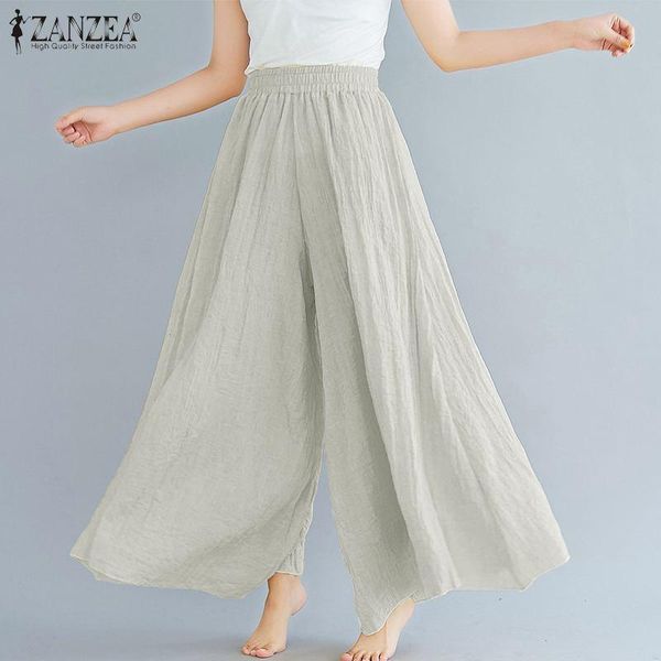 

women's pants & capris zanzea plus size women wide leg 2021 fashion lady elastic high waist long trousers female casual solid pantalon, Black;white