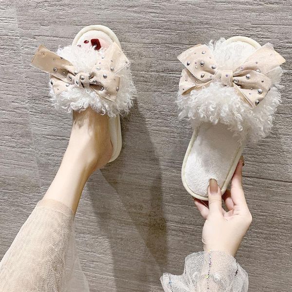 

slippers little fragrant bowknot woolen cotton women autumn and winter 2021 women's shoes confinement home indoor hom, Black
