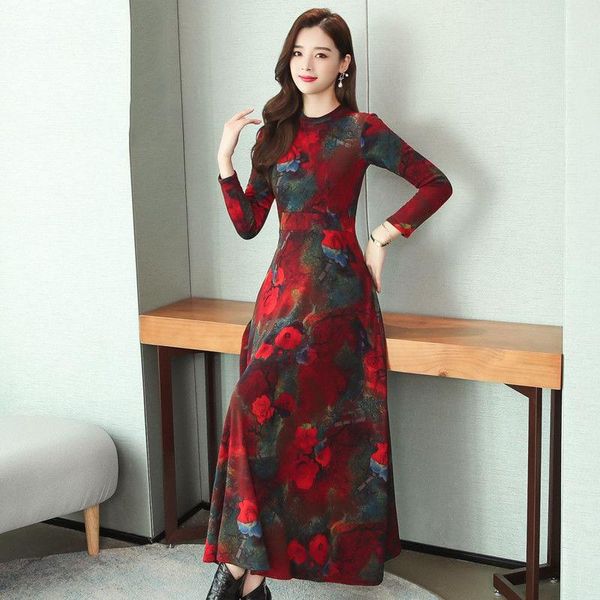

fashion floral print knitted plus size dress women long sleeve slim maxi dress, Black;gray