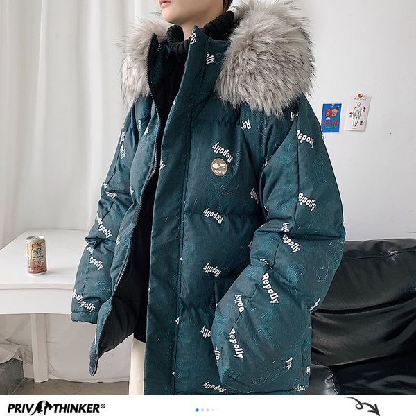 

New 2021 Privathinker Korean Warm Winter Jackets Letter Printed Man Thicken Oversized Parkas Streetwear Male Hooded Coat 5XL O4N2, Black