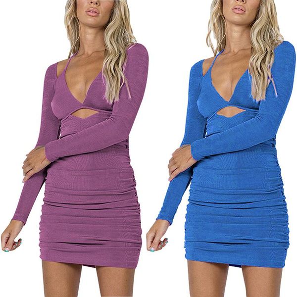 

casual dresses 2021 women cutout halter dress adults autumn ruched tie-up solid color long sleeve purple blue, Black;gray