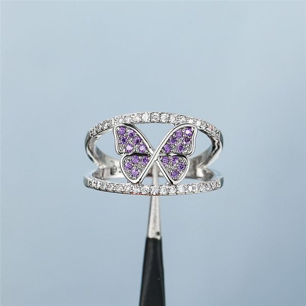 

wedding rings female cute butterfly purple crystal stone pendant ring charm vintage black gold for women hollow engagement, Slivery;golden