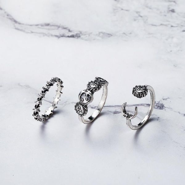 

earrings & necklace european and american opening knuckle ring creative retro star moon 3 pieces set rings distressed, Silver