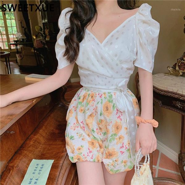 

fashion summer women's purple v-neck dot puff sleeve lace-up + gorgeous flower bloomers shorts two piece set tracksuits, Gray