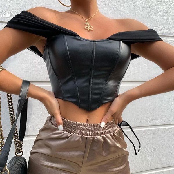 

women's tanks & camis pu leather bustier corset off shoulder chiffon white strapless female cropped women clothe
