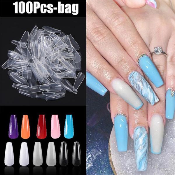

false nails 100pcs colorful full cover nail solid color shiny high-hard ballerina pointed fake diy manicure extension tool, Red;gold