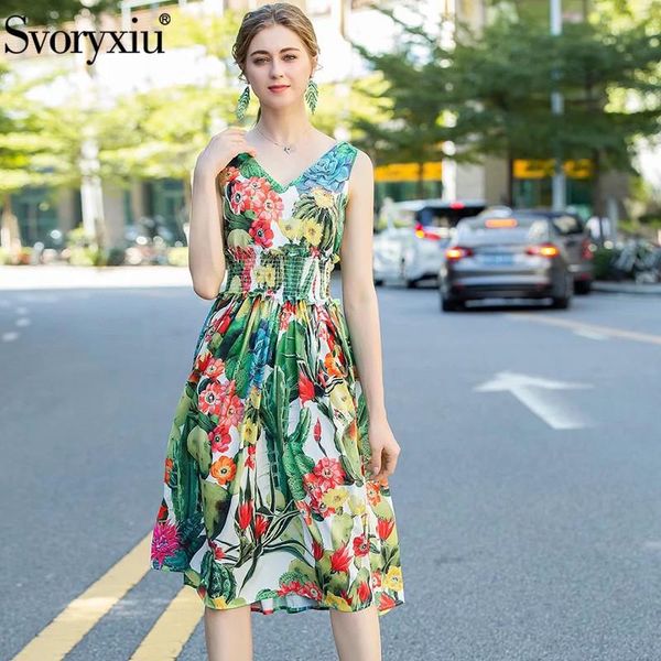 Svoryxiu Runway Designer Sommer Sexy V-ausschnitt Kleid frauen Mode Elastische Taille Kaktus Blume Drucken Ärmelloses Kleid Vestdios