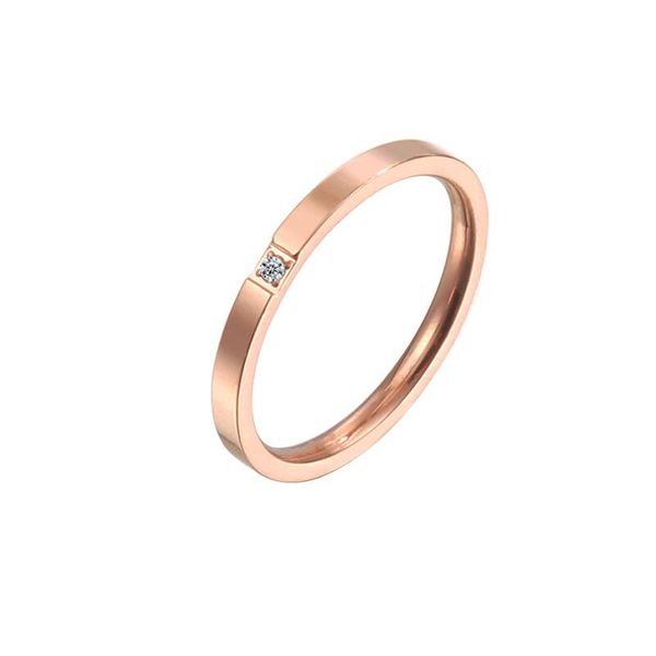 

2mm titanium steel solitaire ring cubic zircon rose gold smooth simple wedding couple rings for women men jewelry gift, Golden;silver