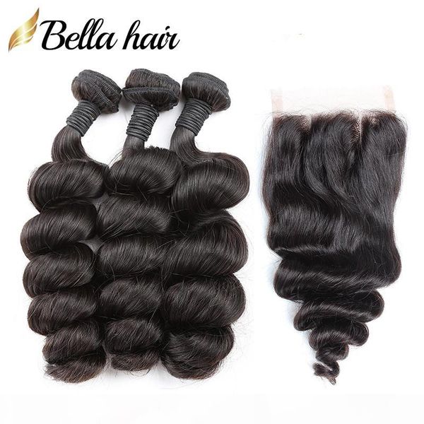 

brazilian hair lace closure with bundles remy human hair weft with closure loose wave 3pc+1pc natural color 8-26 inch 8a bellahair, Black