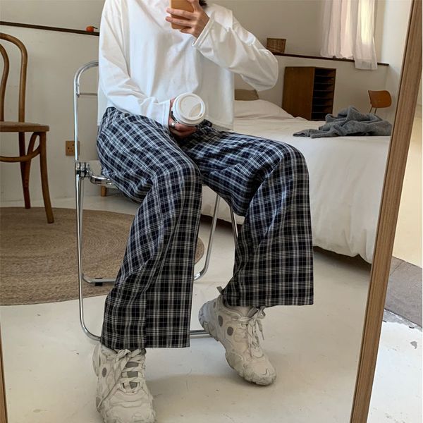 

korean fashion style checkered pants for women black plaid pants high elastic waist women casual chic harajuku wide pants, Black;white