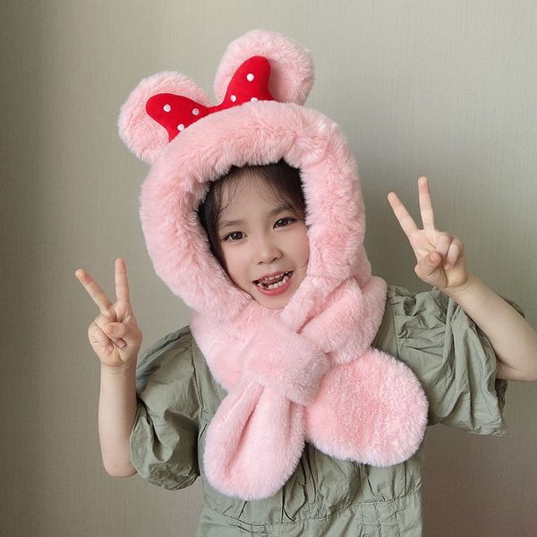 

knit short plush hooded scarf kids hat and scarfs child winter warm protection ear pom pom cap scarves girls boy accessories, White