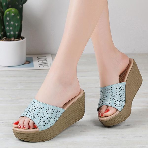 

slippers weideng women genuine leather wear resistant round head park open toe breathable anti slip comfortable slope heel sandals slides, Black