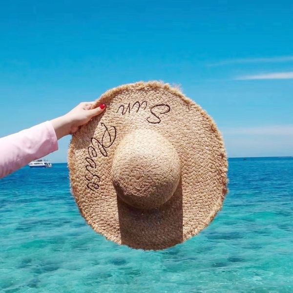 

2021 new lady handmade raffia straw sun hats for women gilrs summer panama wide brim beach caps fashion letter embroidery hat efo2, Blue;gray