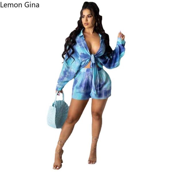 

women's tracksuits lemon gina print tie-dyed blue tie - up shirt suit, Gray