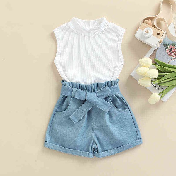 

stylish toddler girls 2pcs summer outfits, sleeveless mock neck ribbed knit tank + denim shorts set, 1-6years g220217, White