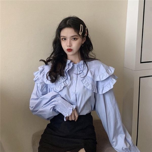 

women's blouses & shirts 2021 spring design, double-layer lotus leaf collar princess long-sleeved shirt, retro western style blouse, White