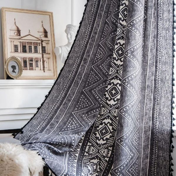 

bohemia black curtain geometric floral print blackout for home living room bay window tassel rod pocket hooks