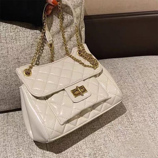 

shoulder bags 2021 beige purse brassed metal chain diamond plaided for women ins stylish quilted crossbody messenger handbag