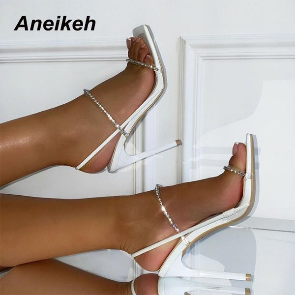 

sandals aneikeh pvc women's shoes fashion crystal shallow narrow band zapatos de mujer square toe high heels elegant 2021 summer, Black