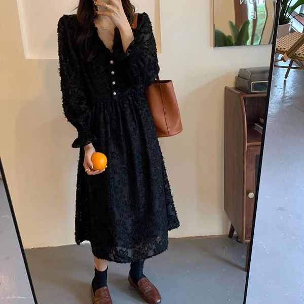 

casual dresses kuclut 2021 fashion winter women vintage single-breasted lace flare sleeve loose high waist slim was thin maxi dress, Black;gray