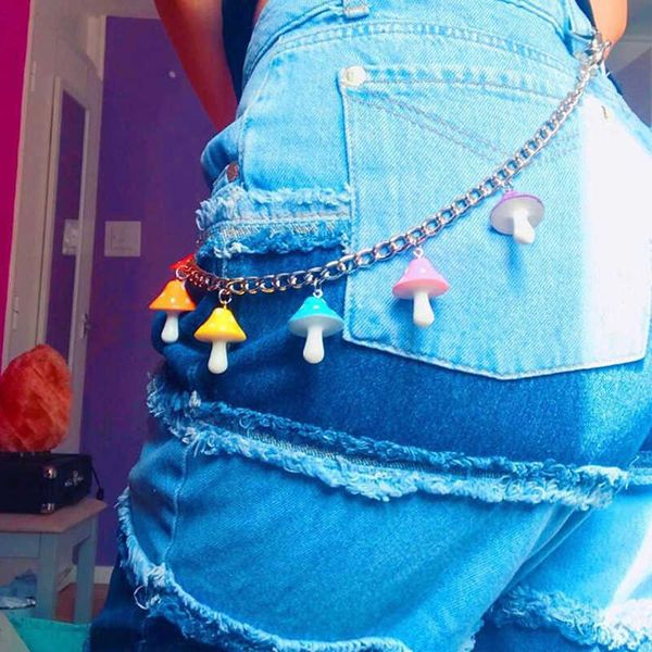 

1pc punk street vintage colorful mushroom crystals belt waist chain women pants chain multi layer hook trousers keychain jewelry p0811, Silver