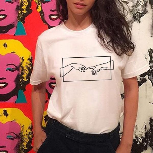 

hands line art t shirt summer new harajuku short-sleeved fashion casual o-neck women's t-shirt drop shipping, White