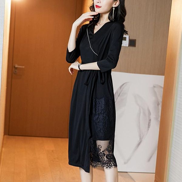 

casual dresses coigarsam women dress autumn 2022 lace black robe vestidos, Black;gray