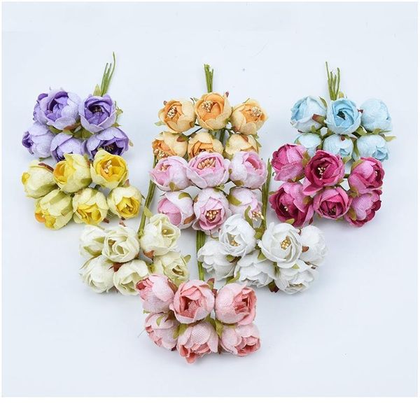 

6pcs silk tea buds roses bouquet christmas wreaths diy gifts box stamen fake plants artificial flowers for wedding ho jllays