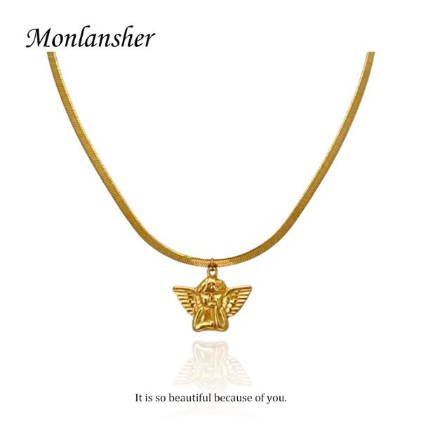 

pendant necklaces monlansher women's cute angel baby necklace gold color titanium steel snake chain choker vintage jewelry gift, Silver