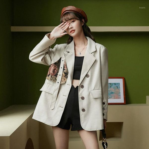 

women's suits & blazers vintage jacquard patchwork contrast color women beige blazer loose notched collar long sleeve suit jacket femal, White;black