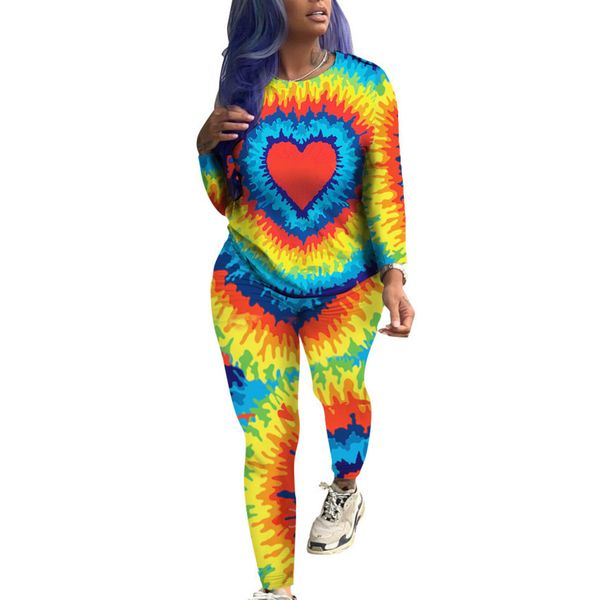 

women tracksuit tie-dye peach heart long sleeves t shirts round neck sweater pants leggings casual two piece outfit sports suits gg3306, White