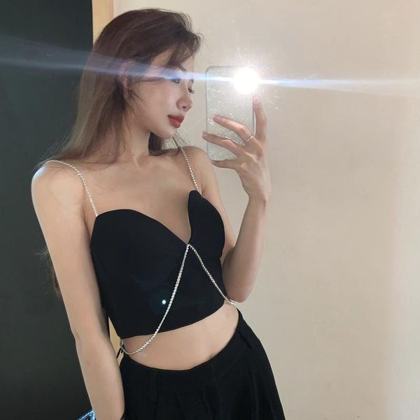 

black chain crop fashion rhinestone chain camisole women solid color tank halter vetement femme clothes ed50dd, White
