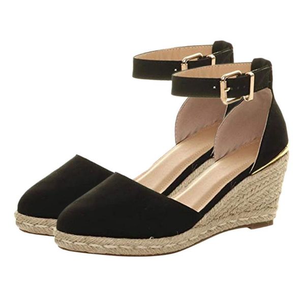 

sandals women flock wedges shoes casual buckle ankle strap basic 2021 summer weaving breathable platform sandalia, Black