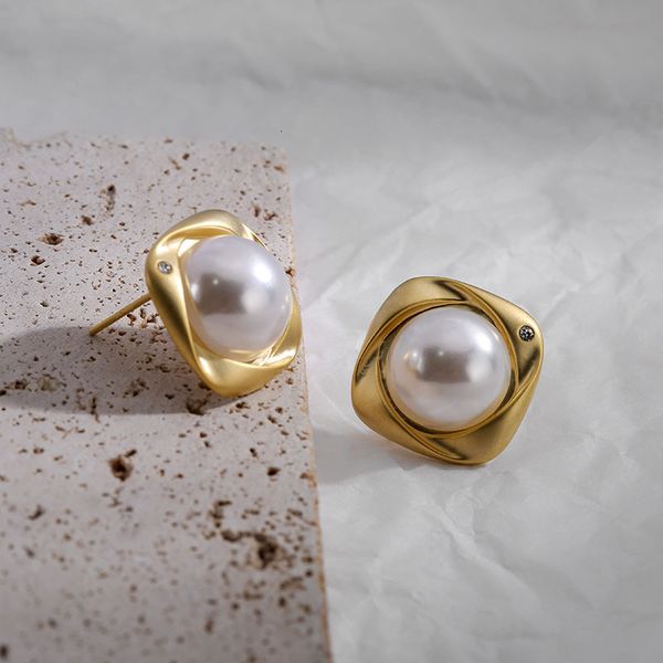 

pearl earrings femininity geometric square earrings s925 silver needle allergy, Golden