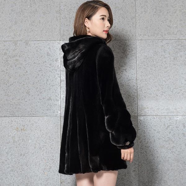 

women's fur & faux 2021 hooded mink long section coat water jacket korean version, Black