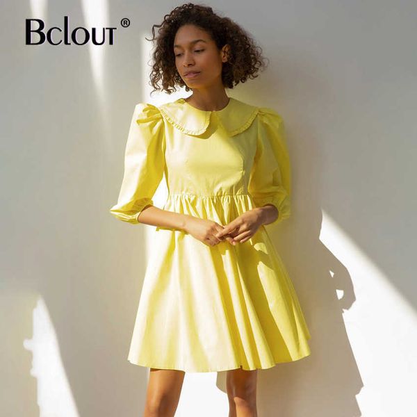 Bclout sexy giallo a-line aderente abito longuette elegante colletto alla peter pan veste autunno mezza manica volant abiti a pieghe estate 210709