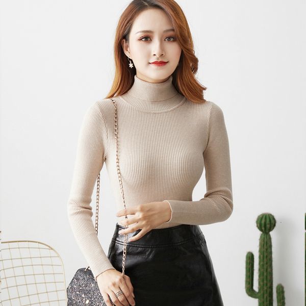 

2021 new autumn winter women fashion sliod color long sleeve pullover sweater elegant slim fit turtleneck pwze, White;black