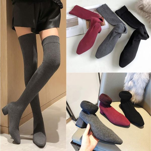 

boots knitting socks ladies over the knee 2021 autumn med heels pumps party shoes woman size 41 42, Black