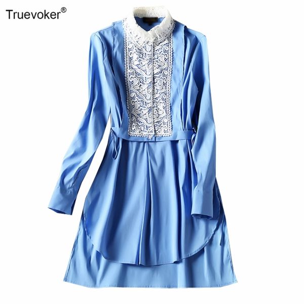 

truevoker spring runway fashion blue shirt dress lady peter pan collar embroidery hollow out straigth vestidos 210602, Black;gray
