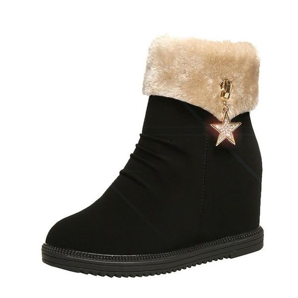 

boots fashion star crystal winter fur warm snow women casual hidden heels platform ankle woman short plush shoes, Black