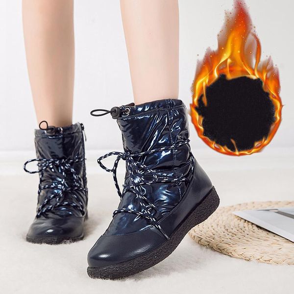 

boots women waterproof snow warm plush winter for woman cool zips lace up shoe female mid-calf platform plus size 43, Black