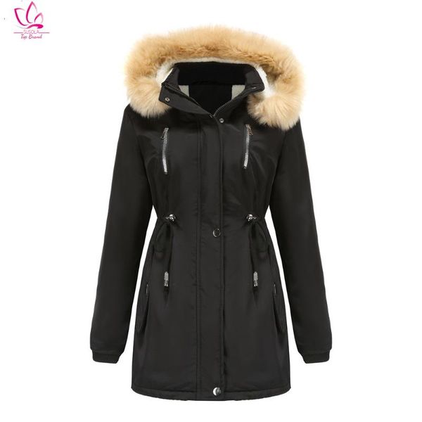 

women's wool & blends faux woolen fleece trench coat, the overcoat with detachable fur collar, Black